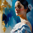 Stylized portrait of woman with blue flower, floral dress, and gold mirror frame
