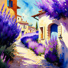 Colorful painting of blooming street with traditional houses