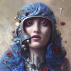 Portrait of a woman with flowing blue hair and metallic adornments.