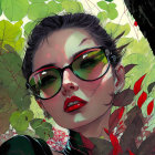 Colorful portrait of woman with stylized glasses and floral surroundings
