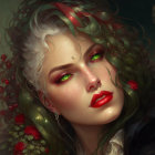 Woman portrait with green and purple tones, curly hair, flowers, green eyes, red lips, butterflies