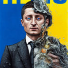 Hyperrealistic painting of man in suit with fiery energy form on face, blue and yellow background