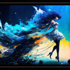 Surreal digital art: ethereal woman reaching for vibrant moon in dynamic background