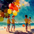 Four individuals on beach with balloons under surreal sky and vibrant turquoise ocean
