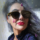 Stylish elderly woman in round sunglasses and sequined outfit on speckled background