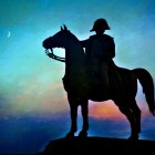 Equestrian scene: Rider on horse in silhouette against blue and pink watercolor sky