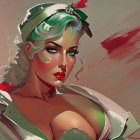 Illustrated female character with green hair, red lipstick, vintage hairstyle, holly accessory, exuding