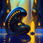 Shimmering blue creature in golden fantasy world artwork