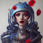 Futuristic digital art portrait of a woman with cybernetic enhancements and red poppies