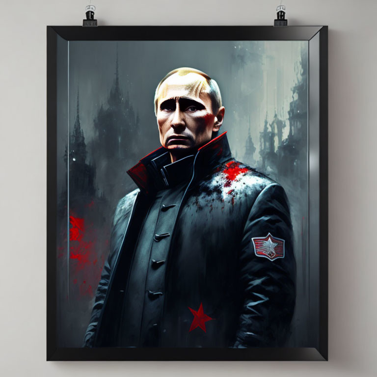 Digital portrait of stern man with bloodstain on jacket against dark background