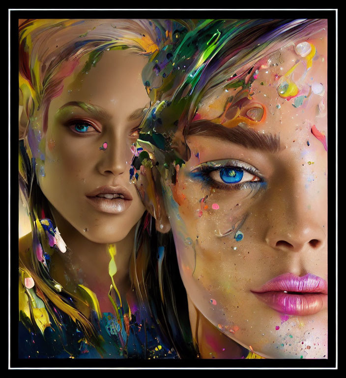Dual portraits of woman with vibrant paint splashes and reflective effect