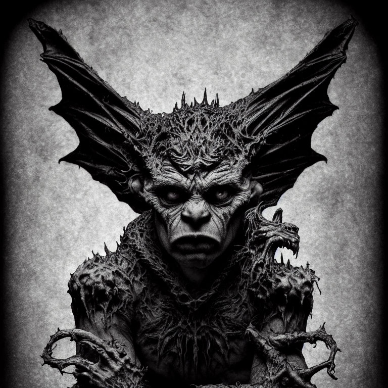 Monochrome artwork of menacing creature with bat-like ears and textured skin