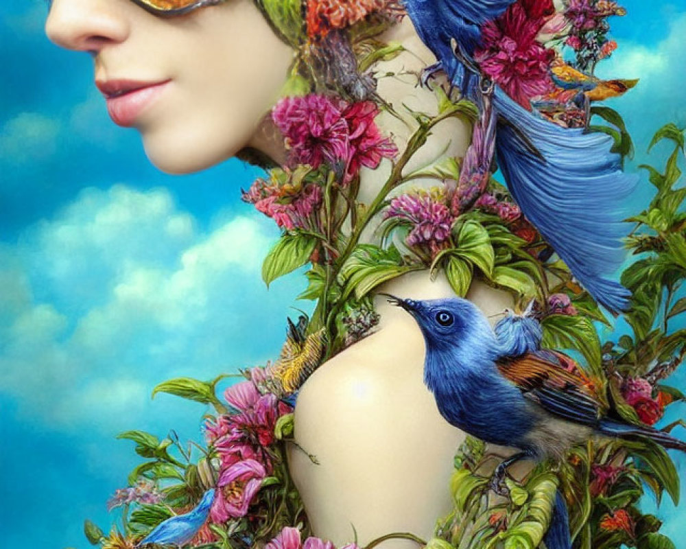Colorful portrait of a woman with floral and feathered adornments and a bluebird among vibrant botanical