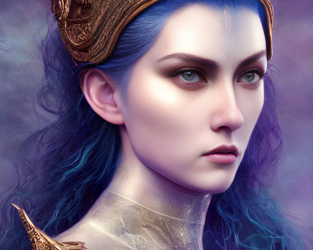 Regal Figure with Blue Hair and Green Eyes in Ornate Bronze Crown and Armor