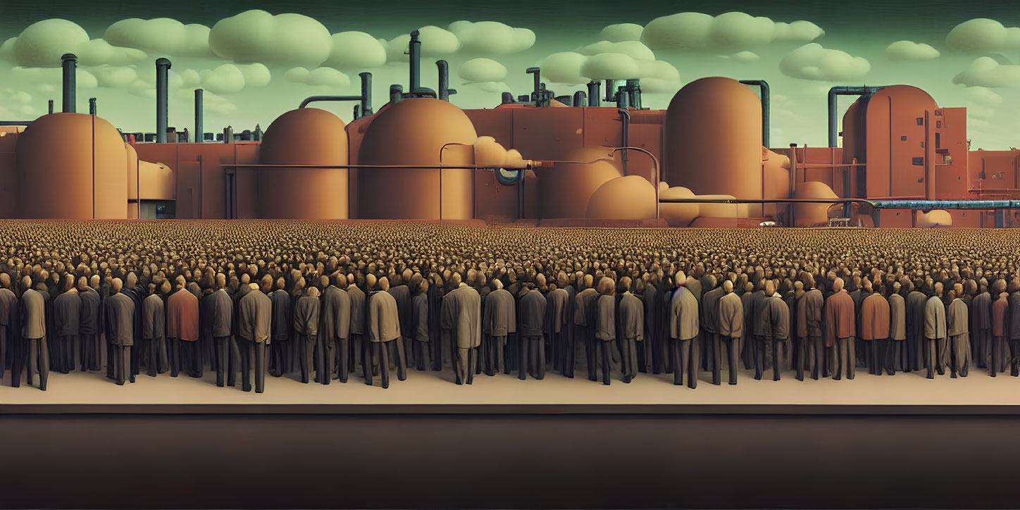 Identical Figures in Suits Facing Industrial Complex Under Greenish Sky