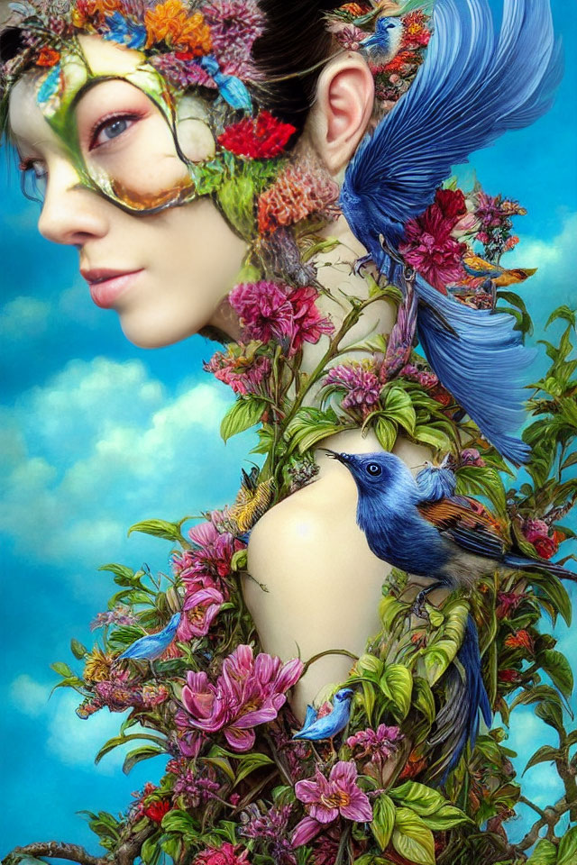 Colorful portrait of a woman with floral and feathered adornments and a bluebird among vibrant botanical