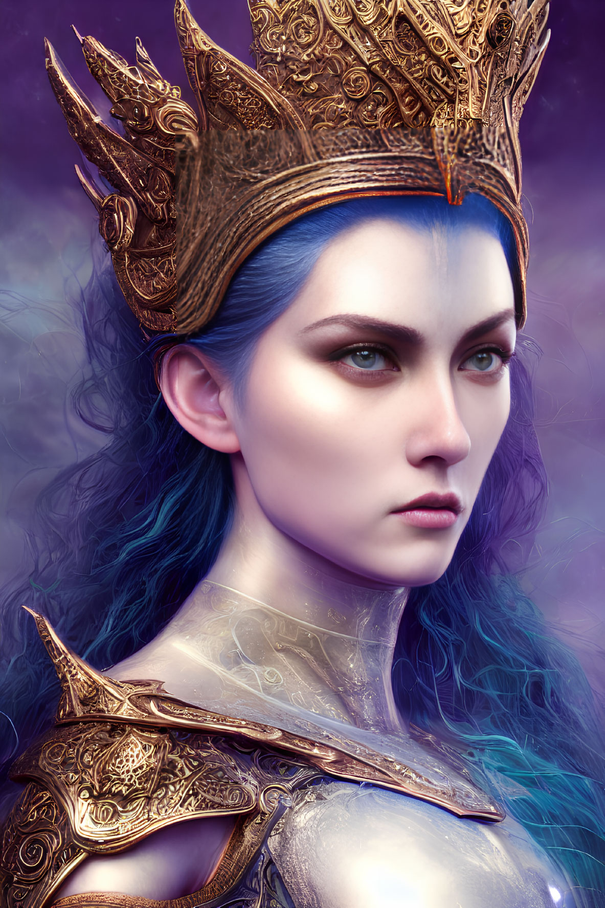 Regal Figure with Blue Hair and Green Eyes in Ornate Bronze Crown and Armor