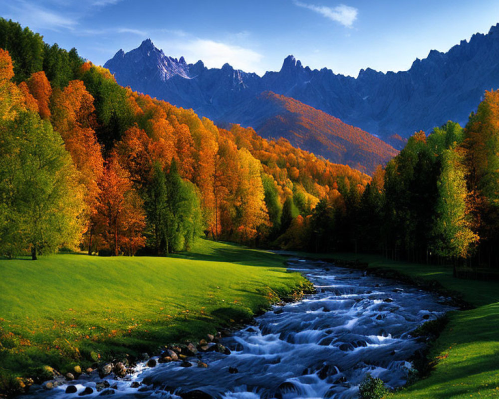 Colorful autumn landscape with rushing stream, trees with orange and green foliage, mountains, blue sky