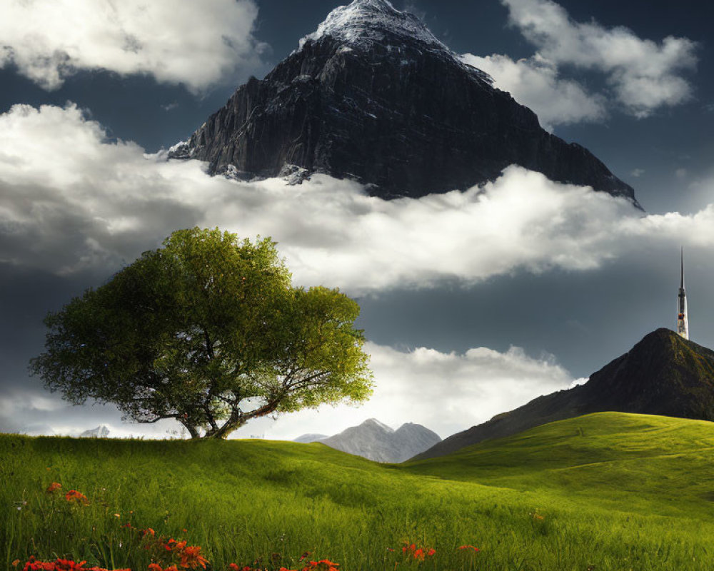 Scenic landscape with lone tree, red flowers, and mountain peak