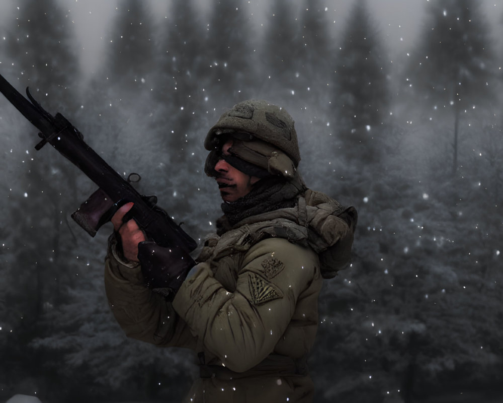 Soldier in Winter Gear Holding Rifle in Snowy Forest