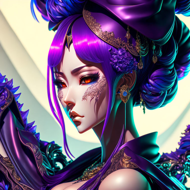 Regal female character with purple skin and intricate gold accessories