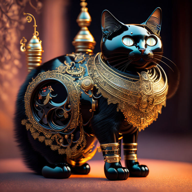 Stylized digital artwork of a cat with golden embellishments and mechanical parts