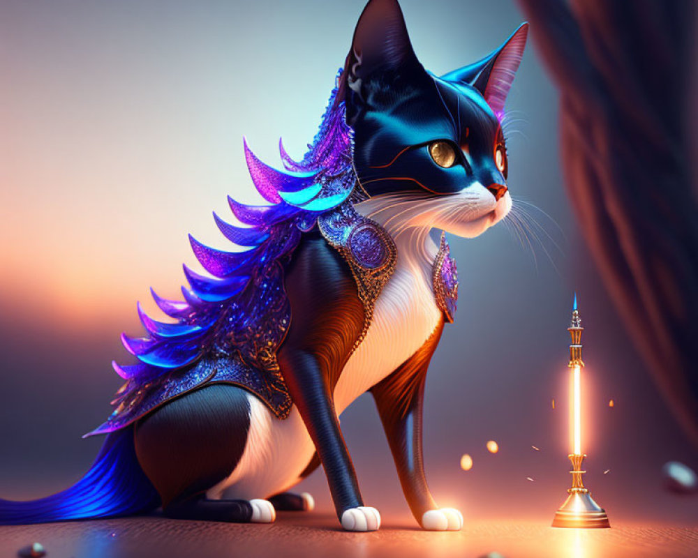 Digital artwork: Majestic black and white cat with blue fantasy wings and ornate armor on glowing backdrop