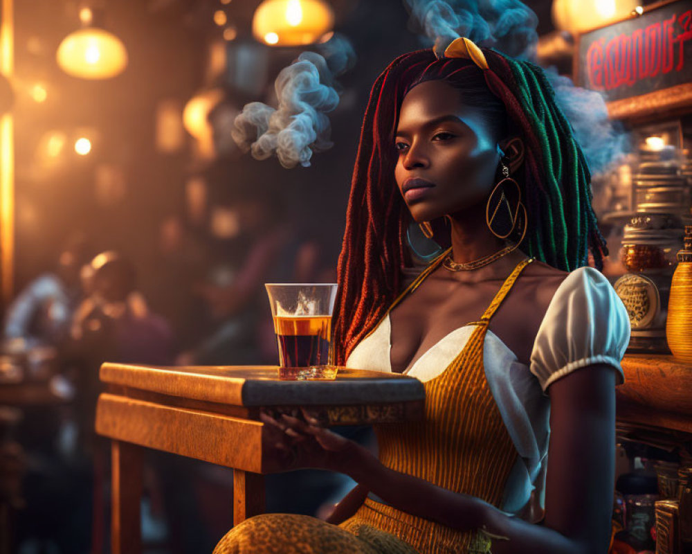 Red Dreadlocked Woman Sitting at Bar with Drink in Moody, Dimly Lit Ambiance