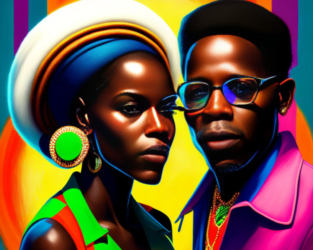 Colorful Fashionable Man and Woman in Striking Poses on Vibrant Background