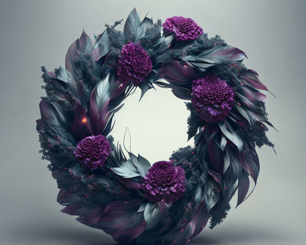 Dark Feather and Purple Flower Decorative Wreath on Neutral Background