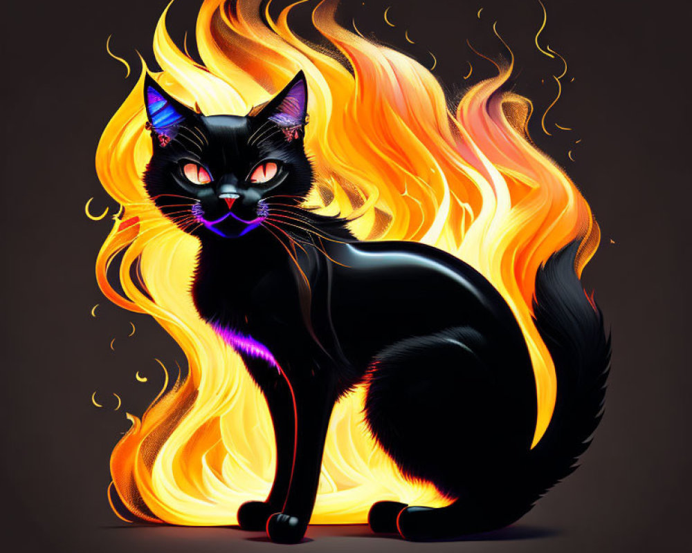 Digital illustration of black cat with glowing blue eyes and orange flames on dark background