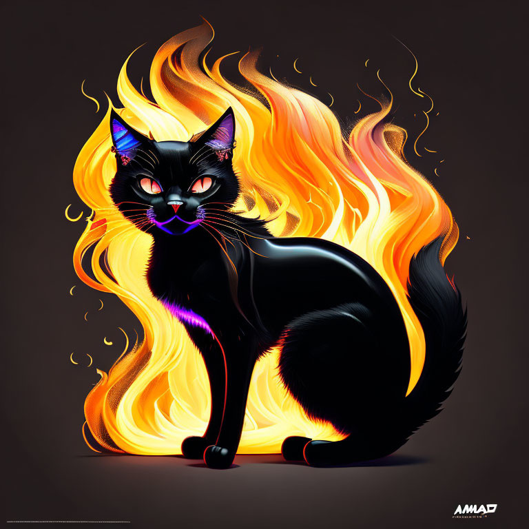 Digital illustration of black cat with glowing blue eyes and orange flames on dark background