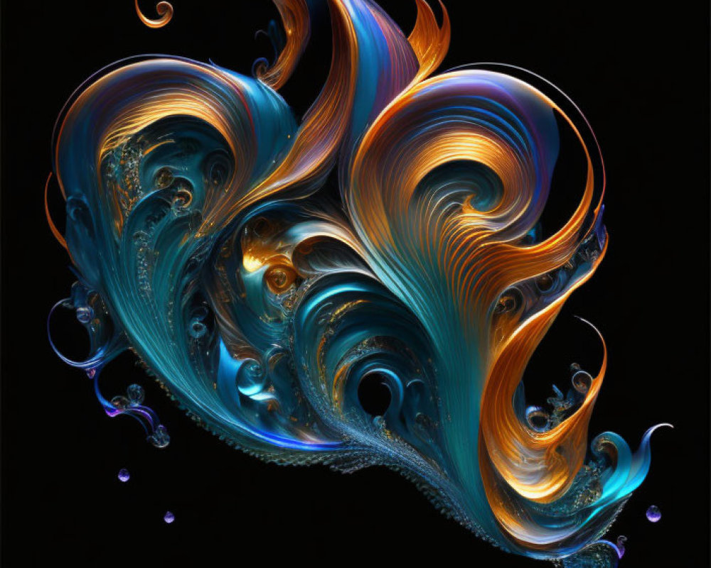 Abstract digital artwork: vibrant blue and orange swirls on black background