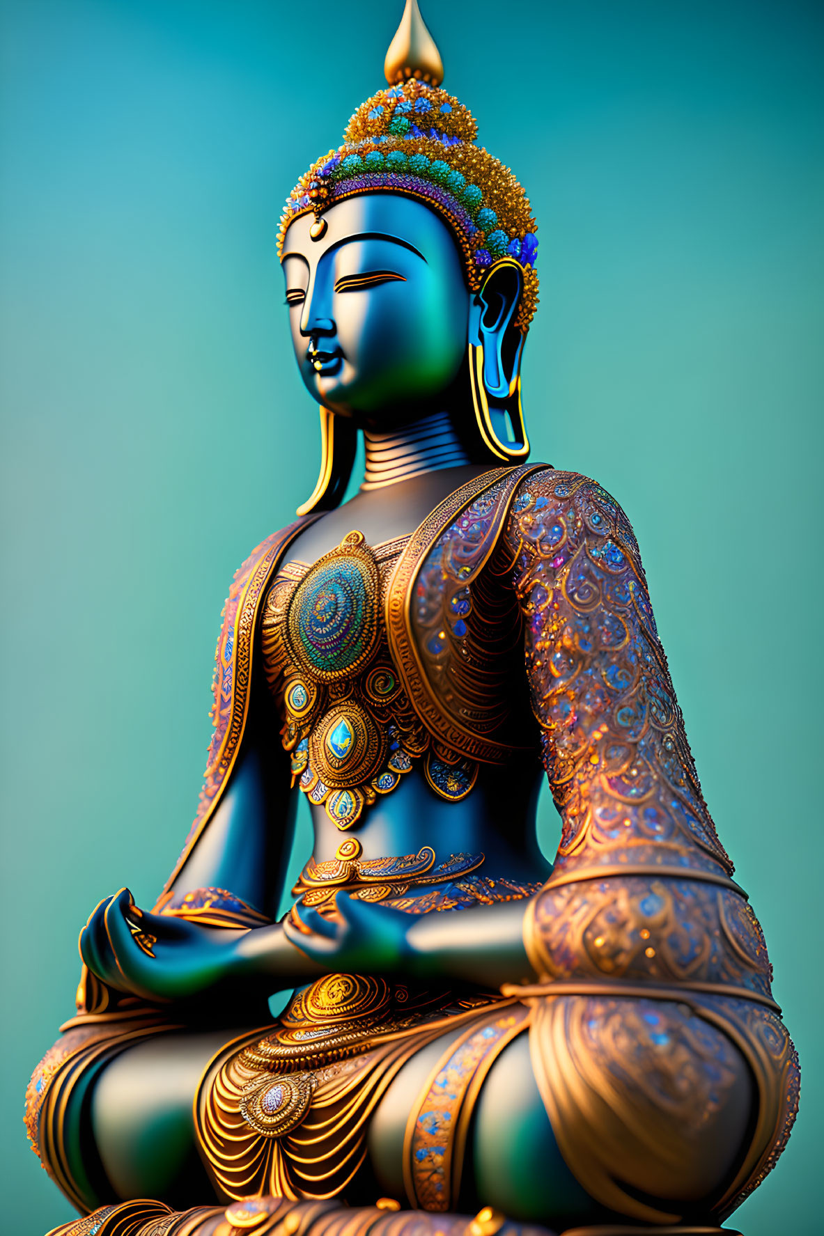 Vibrant Buddha Figure Meditating with Serene Expression