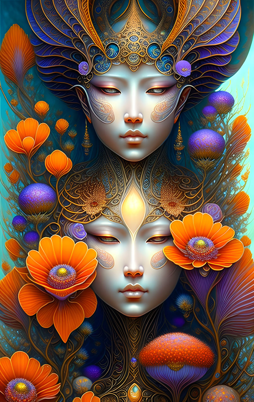 Colorful digital artwork: Two stylized faces with gold accents in floral background