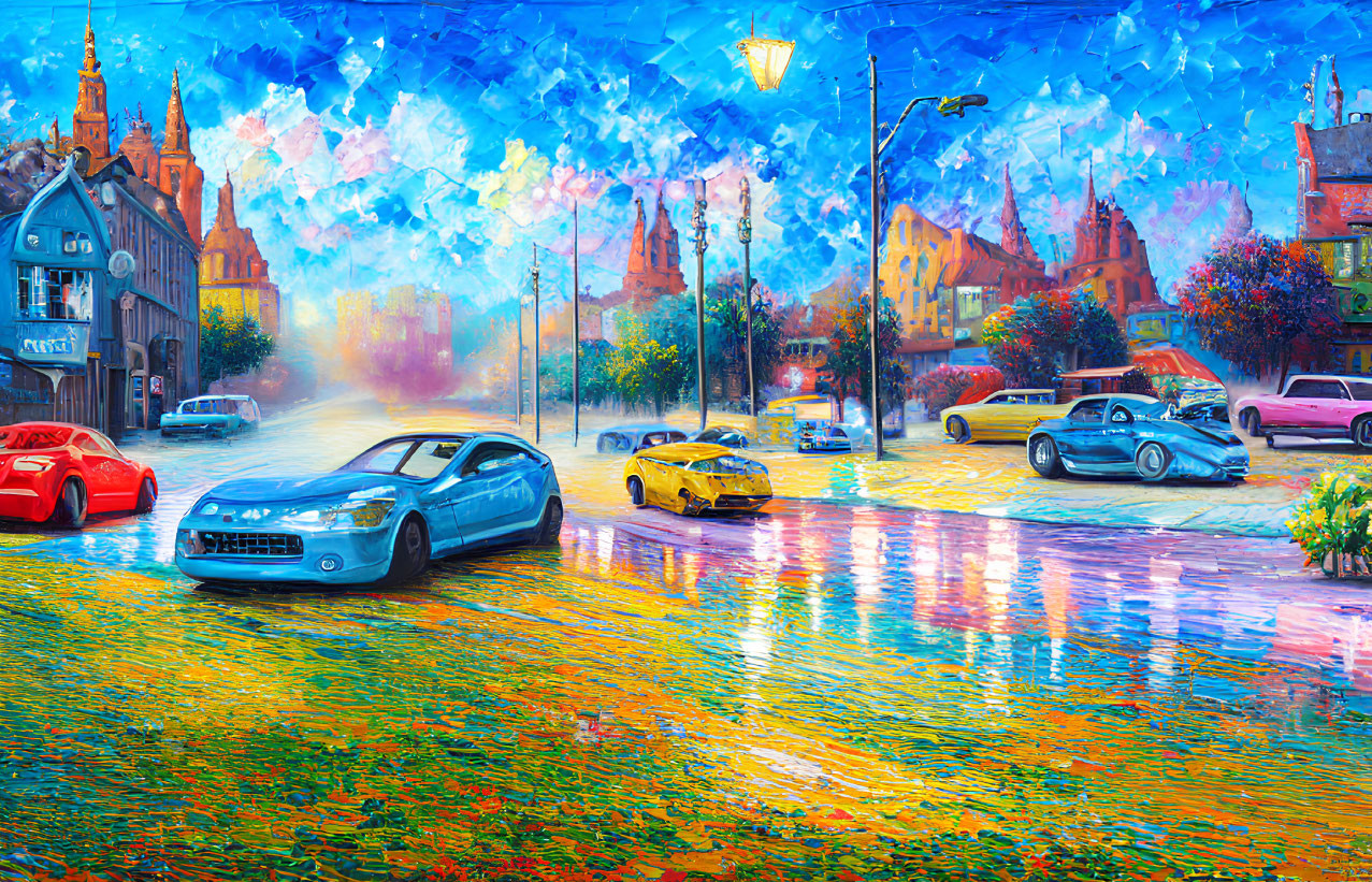 Impressionist-style painting of rainy street scene with colorful cars and historical buildings