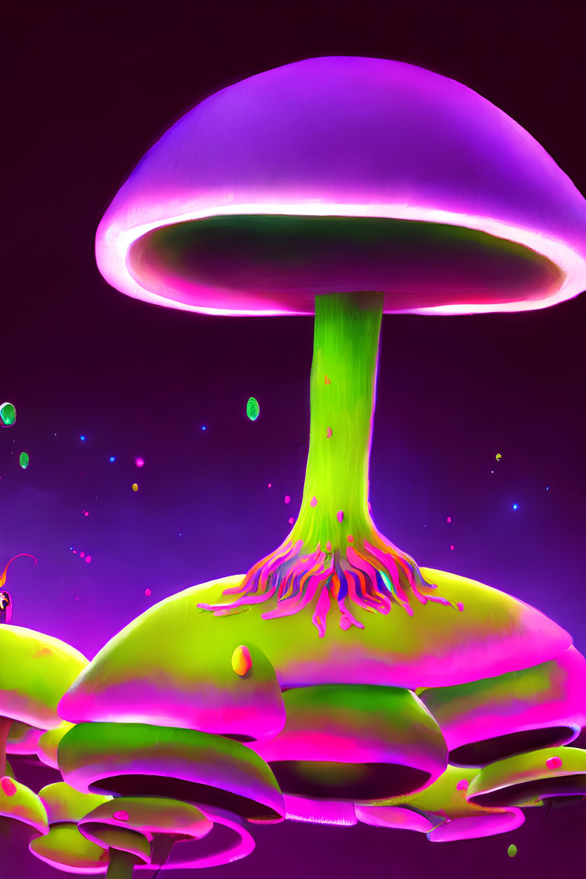 Neon-lit purple and green mushroom on dark magenta background