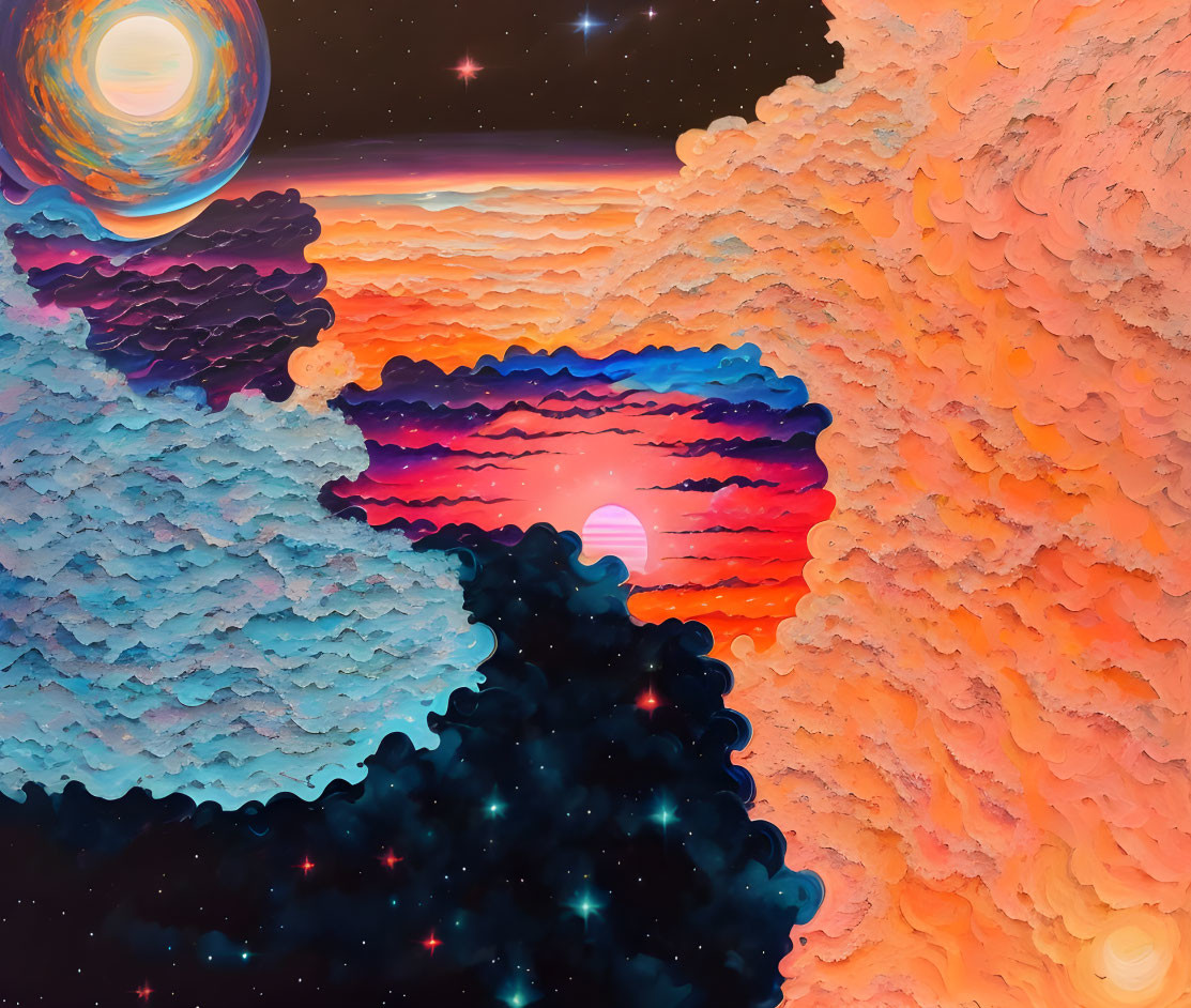 Colorful digital artwork of surreal cosmic landscape with textured clouds, planet, stars, and sunset gradient.