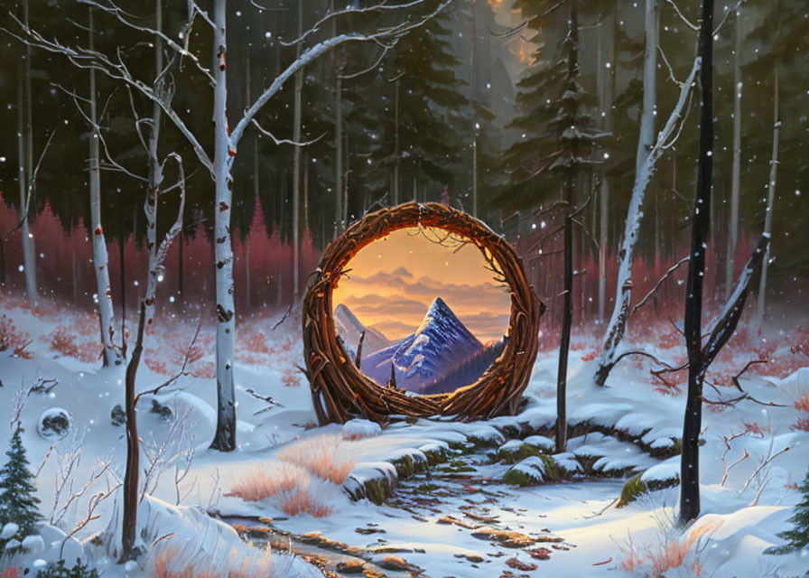 Snowy Forest Landscape with Circular Portal to Sunlit Mountain