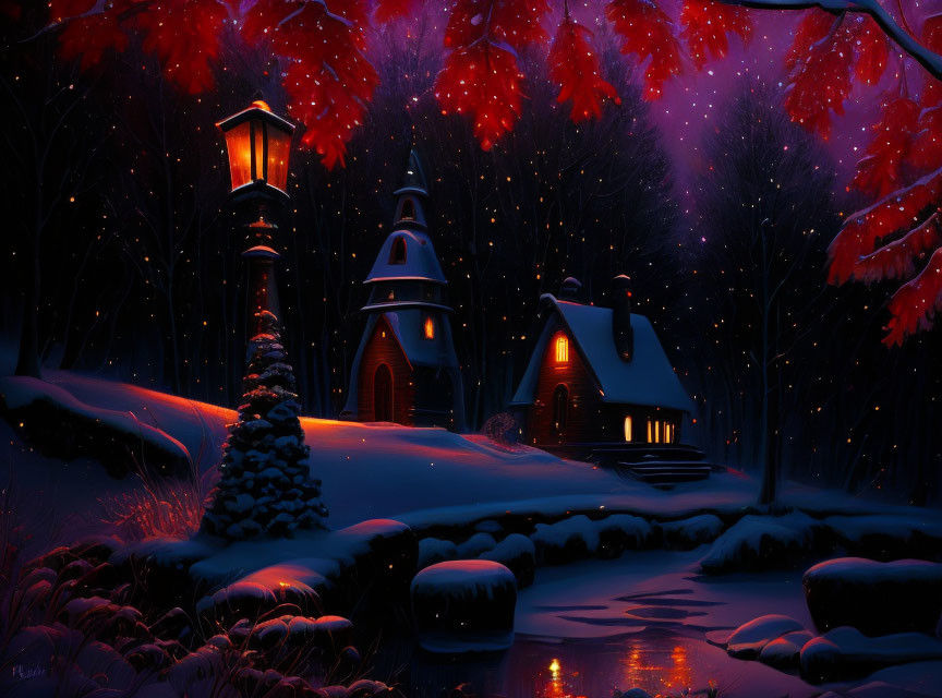 Snow-covered cottages under starry sky with lit lamppost and red-leafed trees on