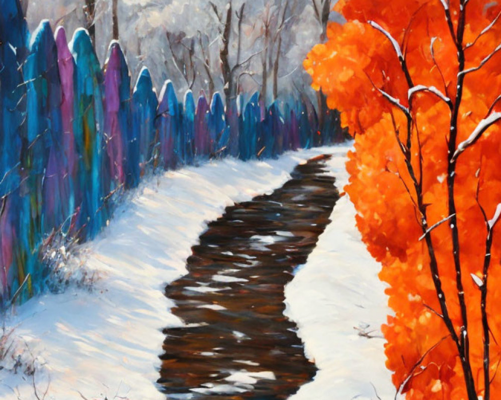 Colorful winter scene with orange tree, fence, and forest landscape