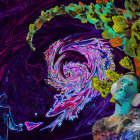 Digital Artwork: Woman's Profile Merging with Cosmic Scene