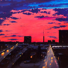 Colorful urban sunset digital artwork with red and purple sky.