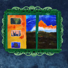 Green ornate window frame on dark blue wall with snowy mountain painting.