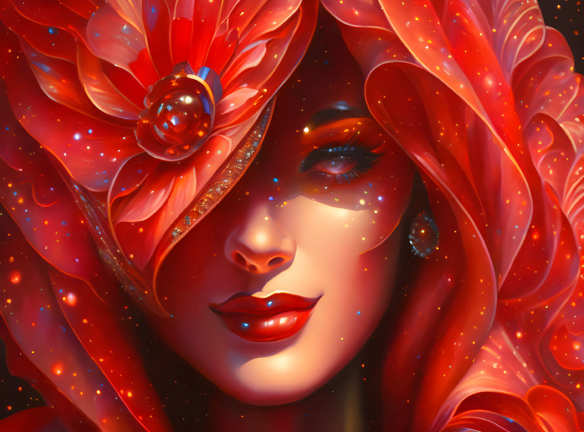 Colorful digital artwork: Woman with red floral adornments and cosmic skin on dark background