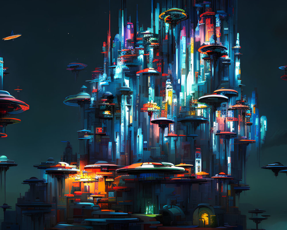 Futuristic neon-lit cityscape with skyscrapers and flying vehicles