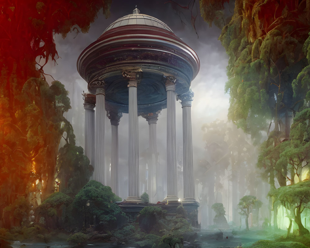 Ancient temple surrounded by towering pillars in mystical forest