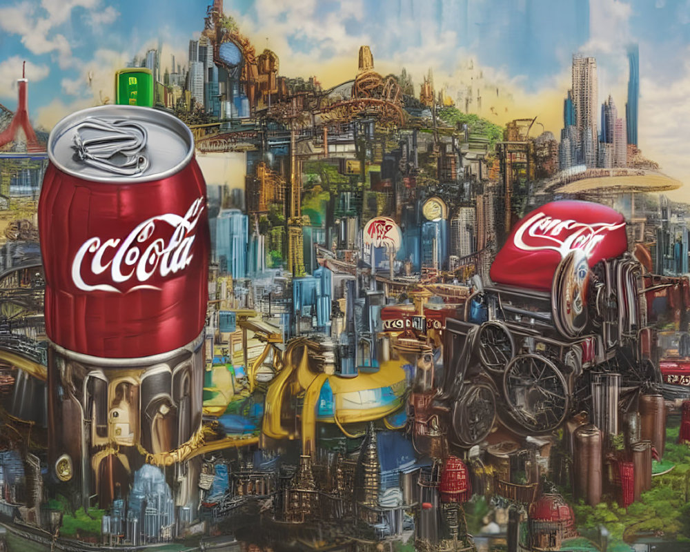Colorful futuristic cityscape with integrated Coca-Cola and Cloud cans.