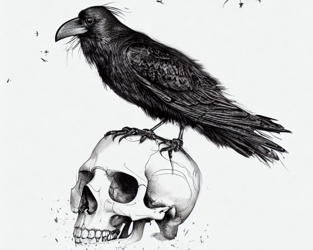 Detailed black and white illustration of a raven on a human skull with ink splatters.