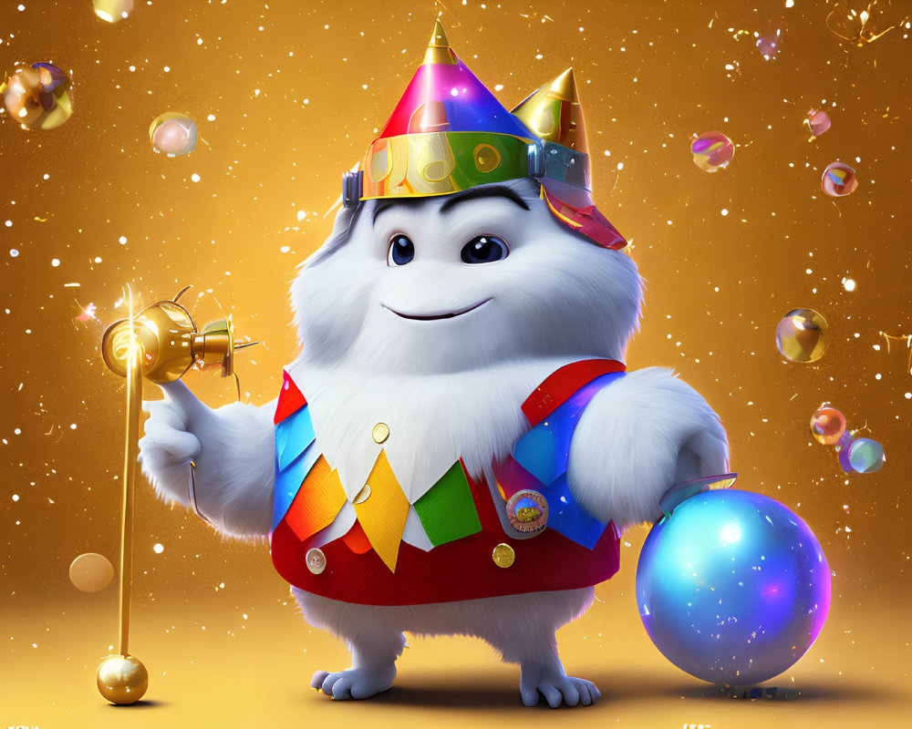 Fluffy white animated character in party attire with microphone and blue sphere surrounded by bubbles and sparkles